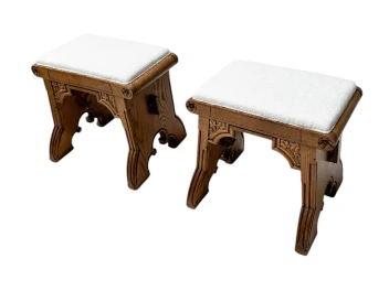 Arts & Crafts Hand-Carved Oak Stools with Boucle Upholstery, 1900s